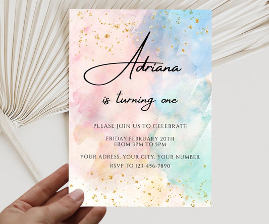 Rainbow Birthday Invitation Ombre Pastel Invitation Colorful Watercolor Splash Gold Glitter Sprinkles Tie Dye Printable Digital Invite