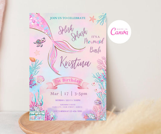 Editable Mermaid Birthday Invitation, Mermaid Bash Under the Sea Birthday Invite, Sprinkle, Pink, Purple, Gold Mermaid Birthday Invite