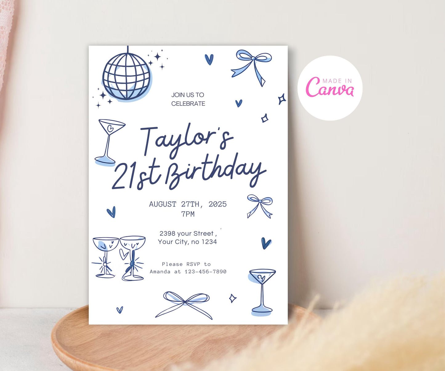 Editable Trendy Hand-Drawn 21st Birthday Invitation | Canva Template with Doodles | Disco Ball Design & Blue Cocktail | Instant Download