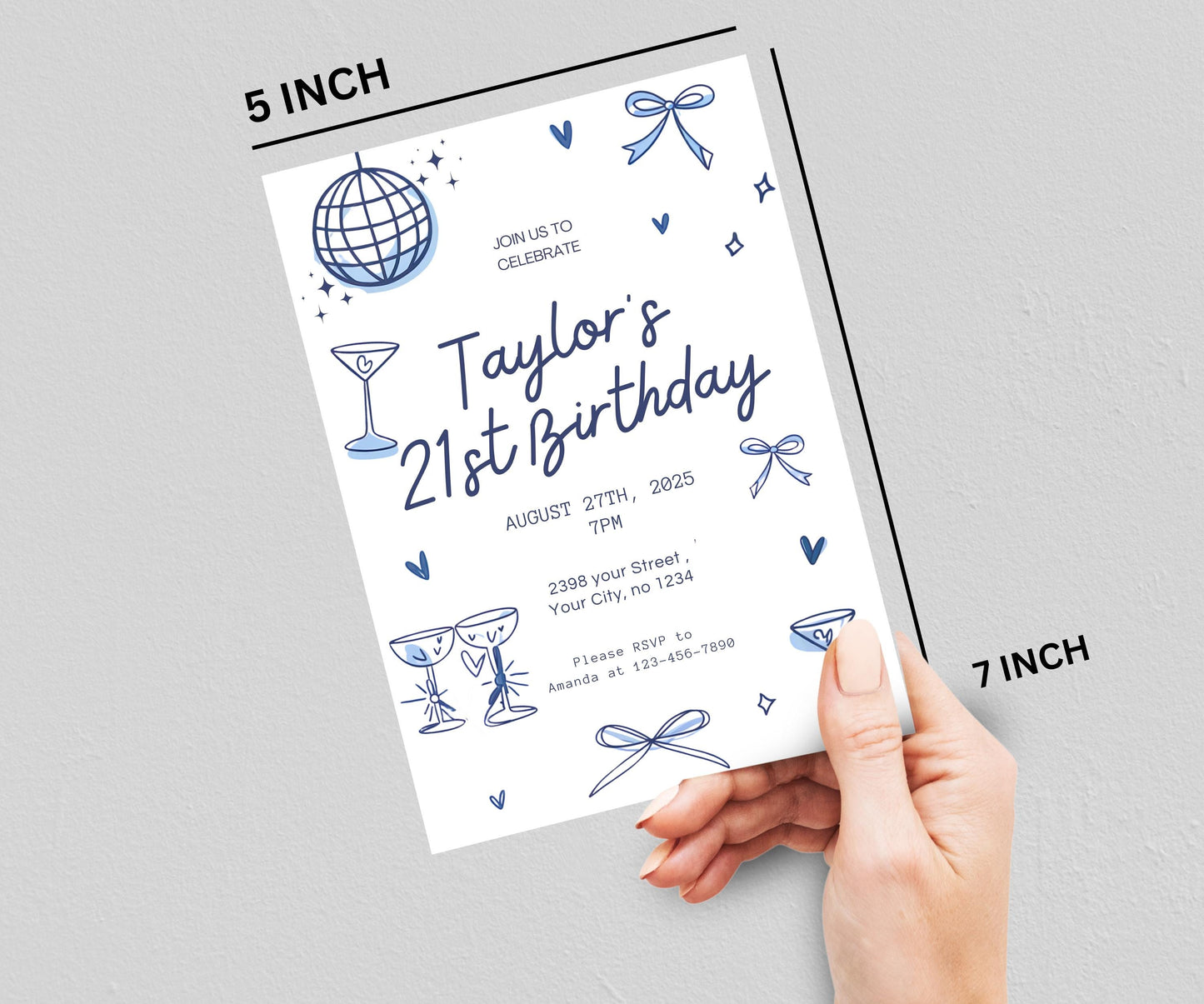 Editable Trendy Hand-Drawn 21st Birthday Invitation | Canva Template with Doodles | Disco Ball Design & Blue Cocktail | Instant Download