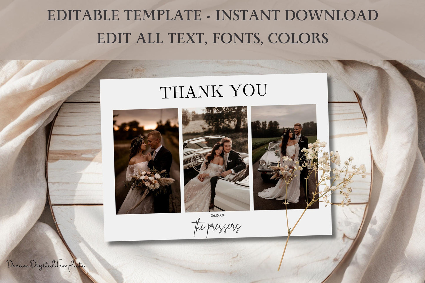 Modern Wedding Thank You Cards, EDITABLE Minimalist Wedding Thank You Cards with Photo, Boho Wedding Thank You Photo, Photo Thank You Card